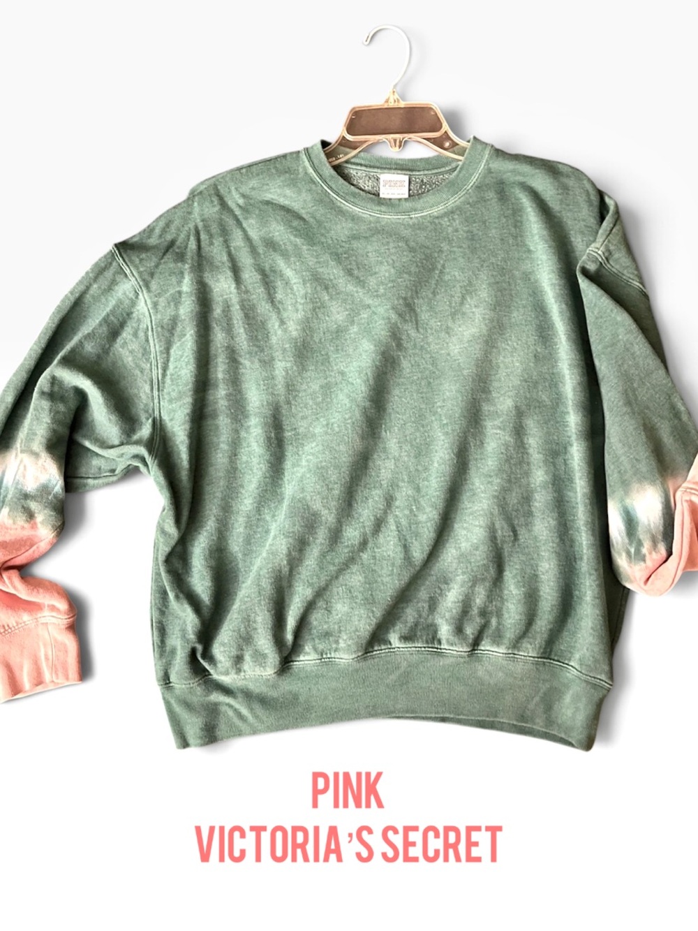 PINK Victoria's Secret Washed Green Crewneck with Pink Tie-Dye Sleeves